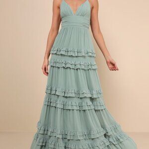 Lulus Lavish Perfection Sage Green Ruffled Tiered Maxi Dress - Size L